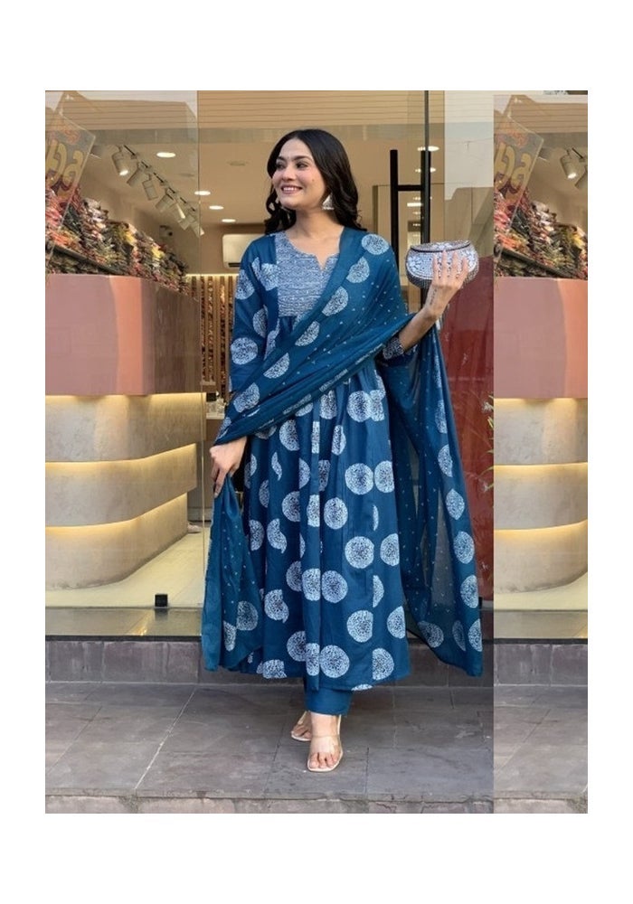 Malishka Export Blue Rayon Printed Anarkali Kurta Pant With Dupatta for Women - Image 1